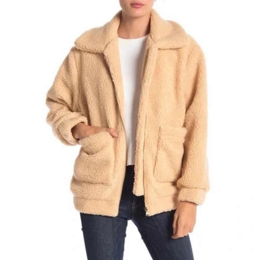 Elodie Tan Sherpa Teddy Jacket Oversized Zip Front Coat Size S